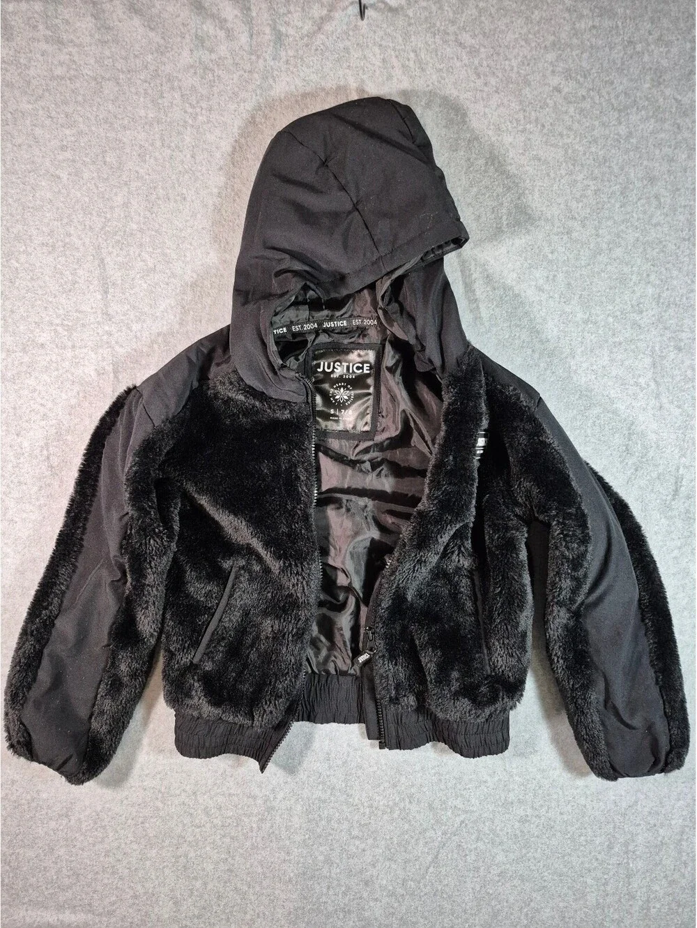 Justice Girls Size 7/8 Black Faux Fur Hooded Winter Jacket